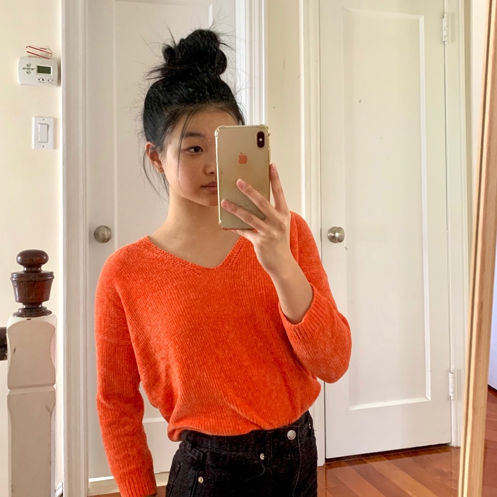 NWT Express Orange Chenille Boxy V-Neck Sweater